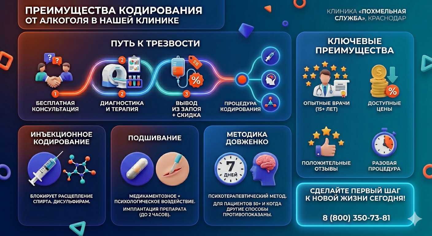 Инфографика о методах кодирования от алкоголя в Дубовом: инъекции, подшивание, метод Довженко. Преимущества клиники и этапы лечения.