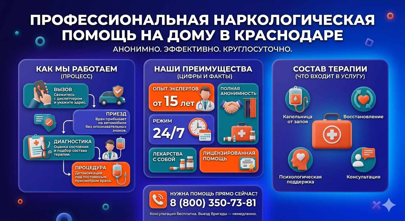 Инфографика о принципах лечения алкоголизма на дому в Дубовом: этапы вызова нарколога, преимущества анонимной детоксикации и состав медицинской помощи.